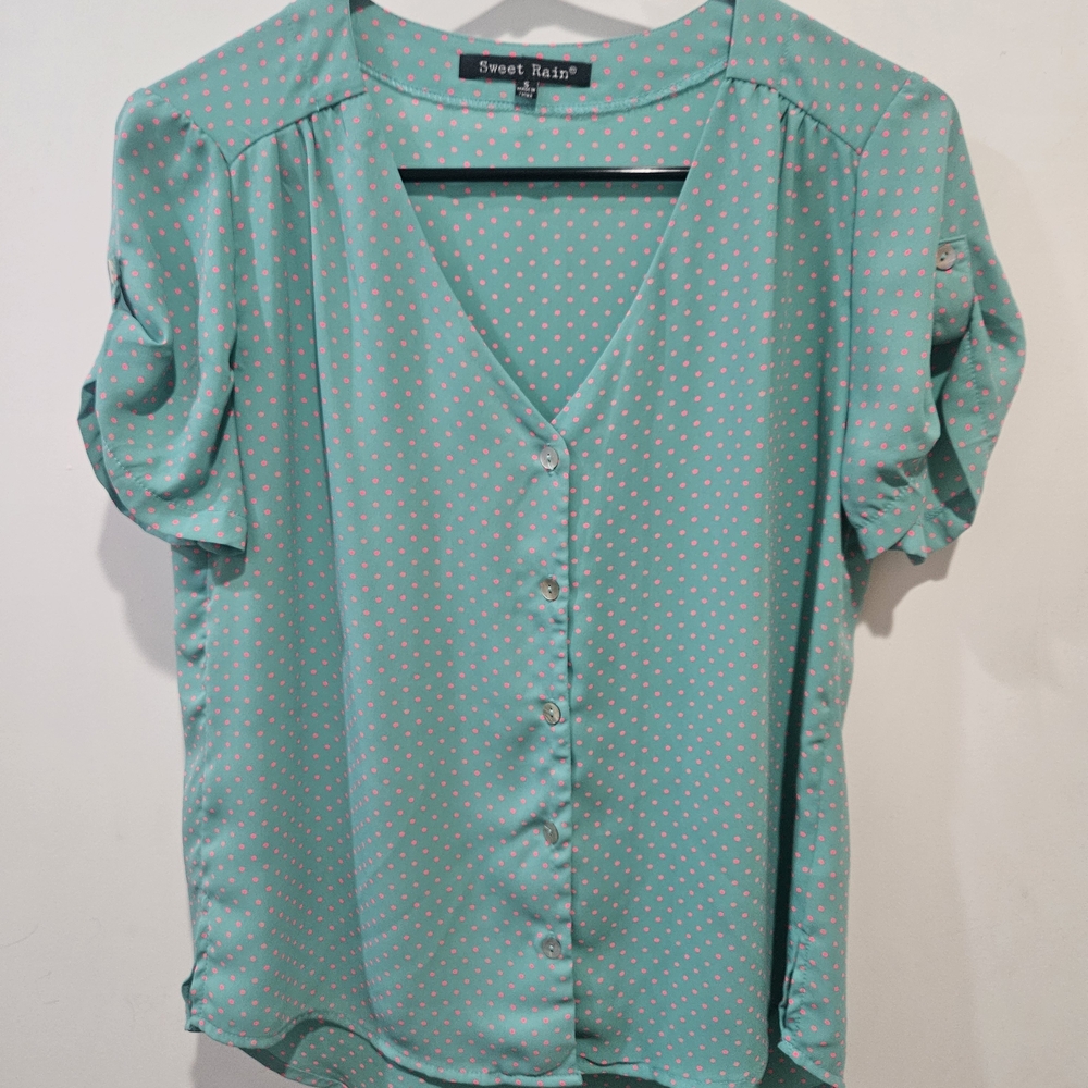 Sweet Rain Teal Polka Dot Button-Up Blouse